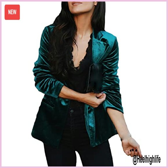 Long Sleeve Velvet Blazer with Pockets, Open Front Cardigan Style - Picture 2 of 6